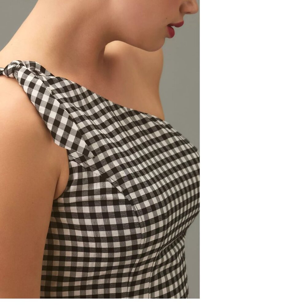 By Anthropologie One-Shoulder Gingham Midi Dress LP PL  black color - Picture 2 of 7